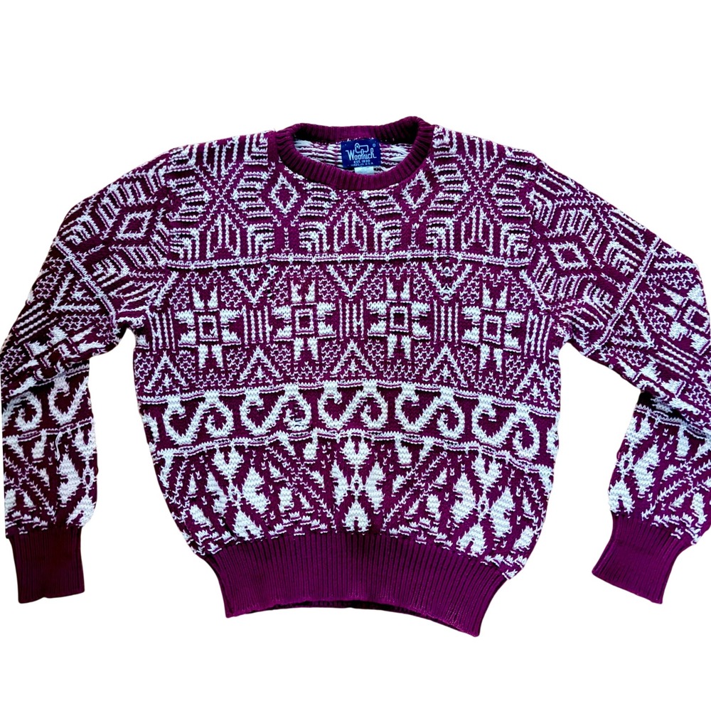 Vintage Woolrich Mens Large Burgundy Cotton Geometric Nordic Knit Sweater USA - Picture 3 of 8